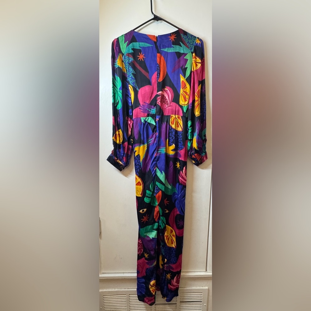 Farm Rio Mystic Jungle Fruit Tropical Boho Faux Wrap Black Jumpsuit Size Small - Picture 14 of 17